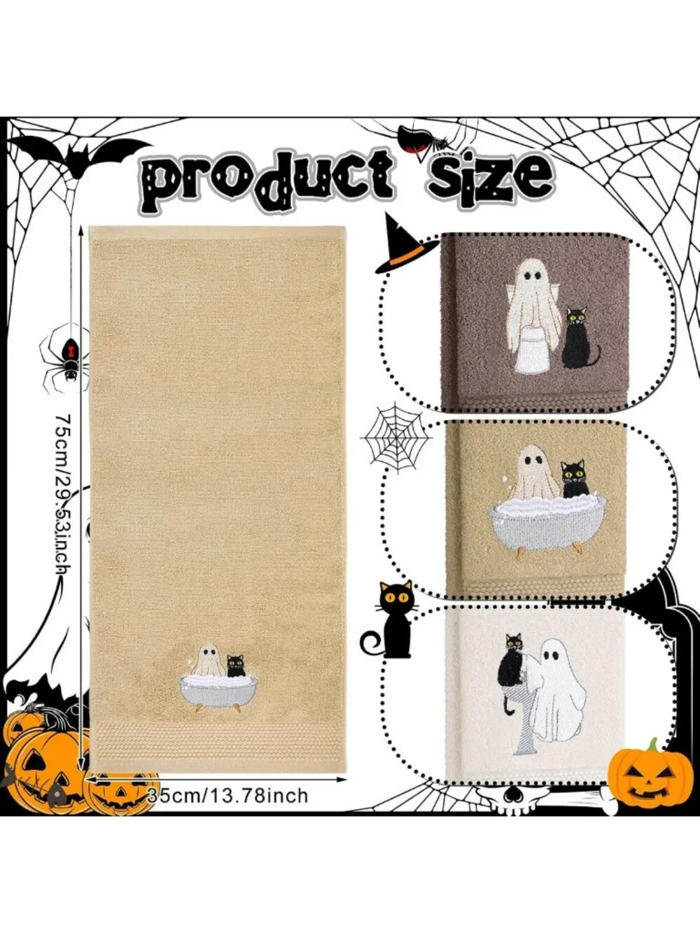 Set of 3 Brown Halloween Ghost Cat Hand Towels for Festive Bathroom Decor